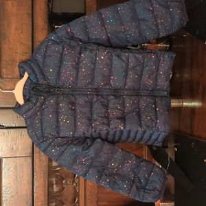 Girls GAP Navy Light Puffer Jacket with Rainbow Confetti